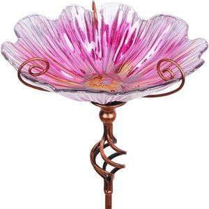 31Inch Height Glass Birdbath Birdfeeder with MetalStake Garden Yard Outdoor Pink